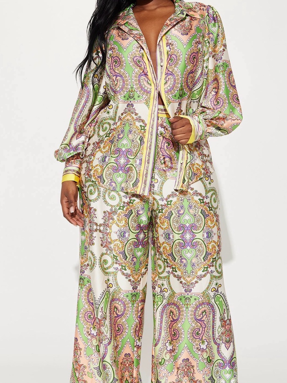NWT Fashion Nova Maldives Satin Green & Pink Paisley Wide-Leg Pantset Size 2X